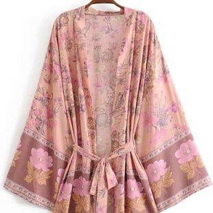 Yellow And Pink Flower Kimono Robe
